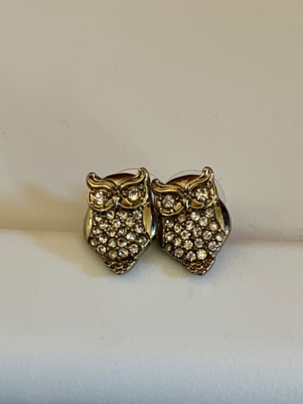 Earrings Rhinestone Owls 5/8” Tall Gold Tone